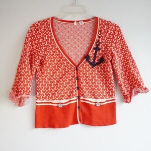 Moth Anthropologie Coxswain Red Anchor Nautical Cardigan 3/4 Ruffle Sleeve XS